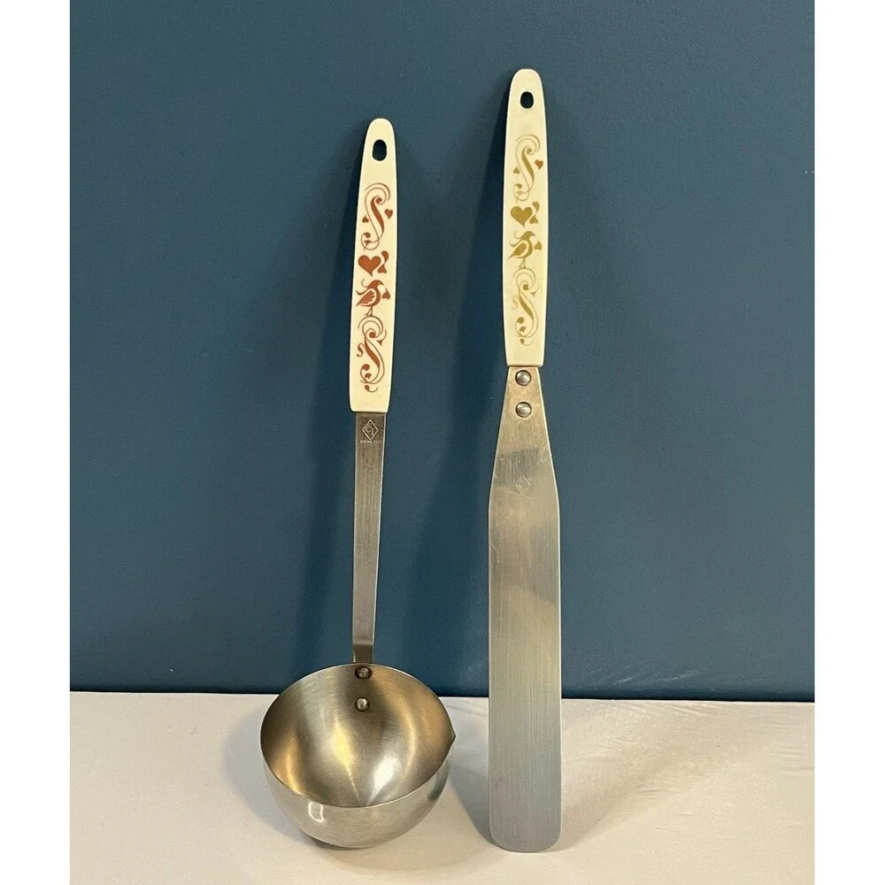 VTG Heart & Bird Kitchen Utensil Set Cottage Core Stainless Steel Ladle+Spatula
